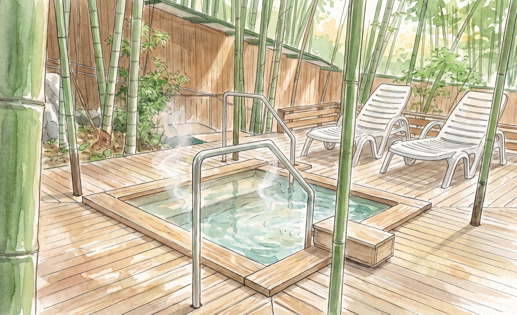 竹林に包まれた露天風呂と湯上がりの椅子を描いた水彩画