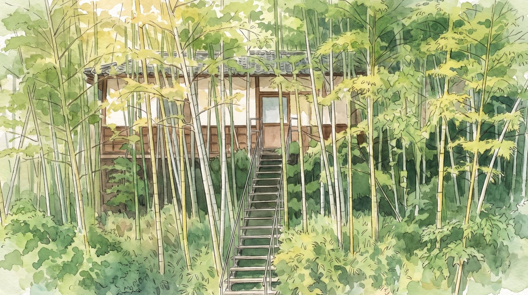 緑豊かな竹林の中に静かに佇む清正乃湯の建物の水彩画