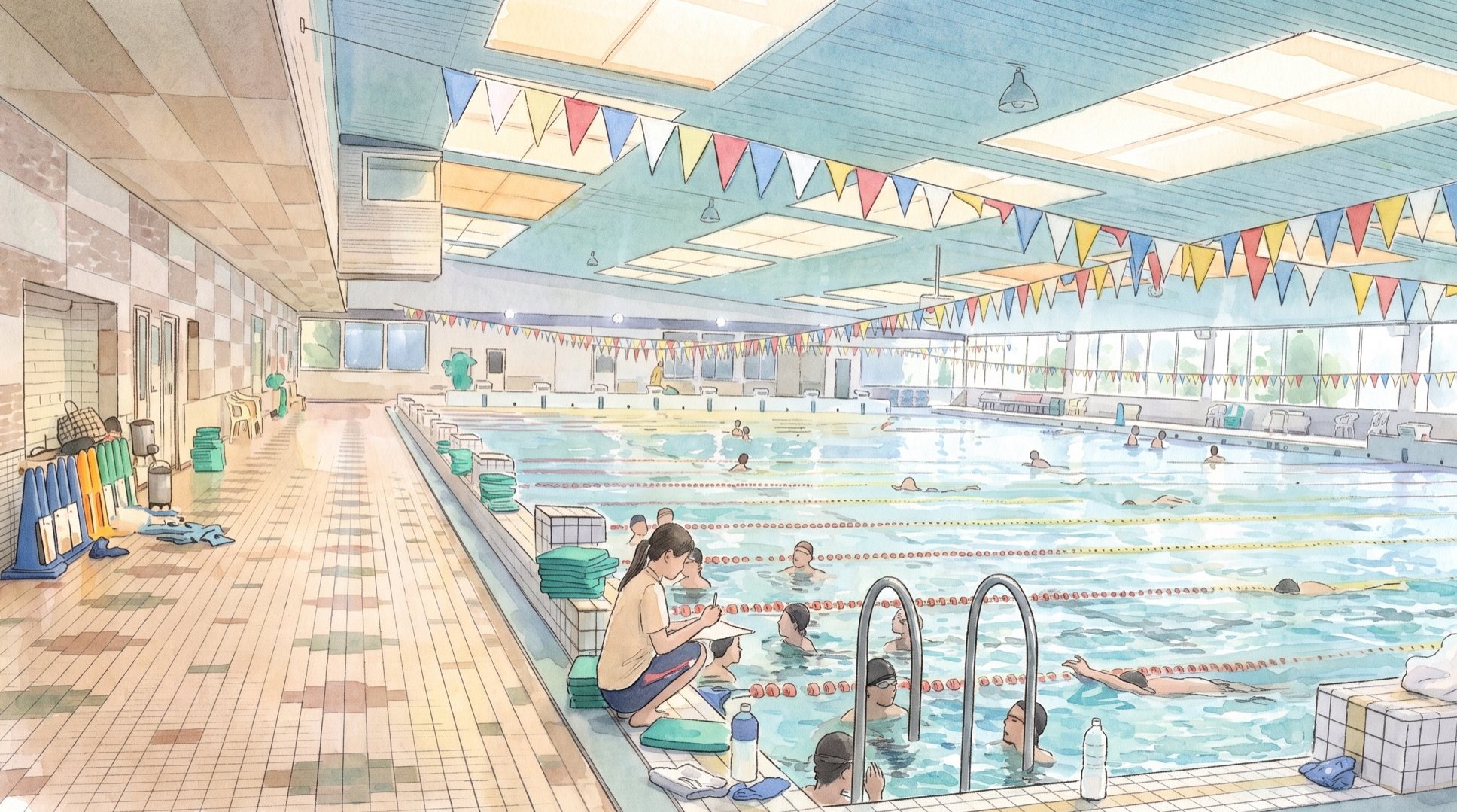 温泉プールで泳いだり体を動かしたりする人々の水彩画