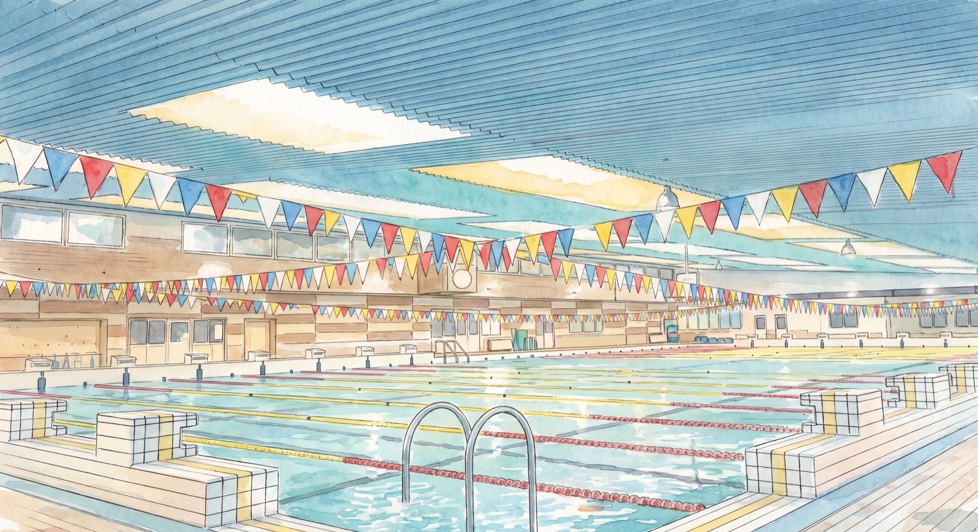 コースロープが並ぶ明るく広い50m温泉プールの水彩画