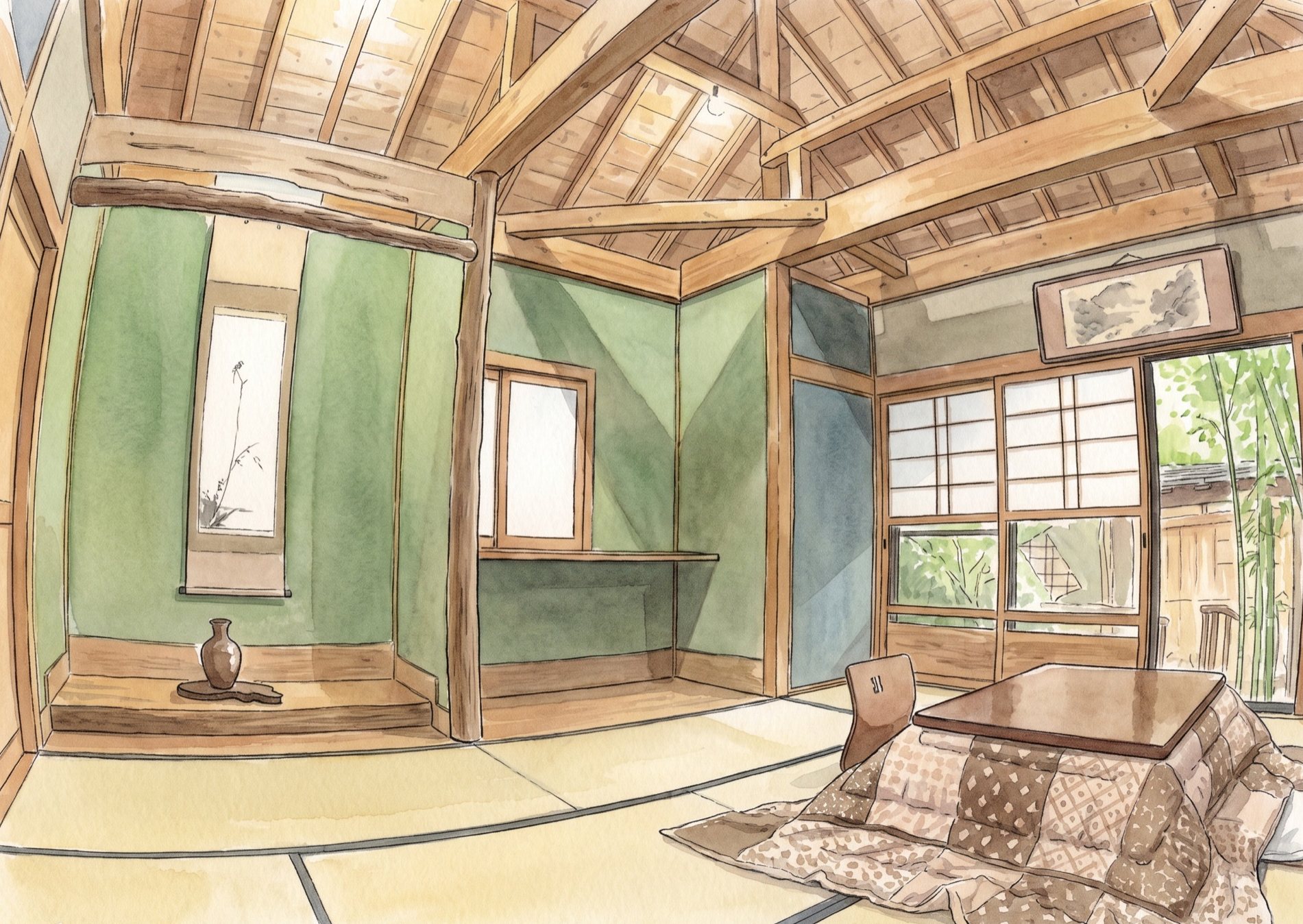 木の梁と畳が落ち着いた貸別荘の和室の水彩画