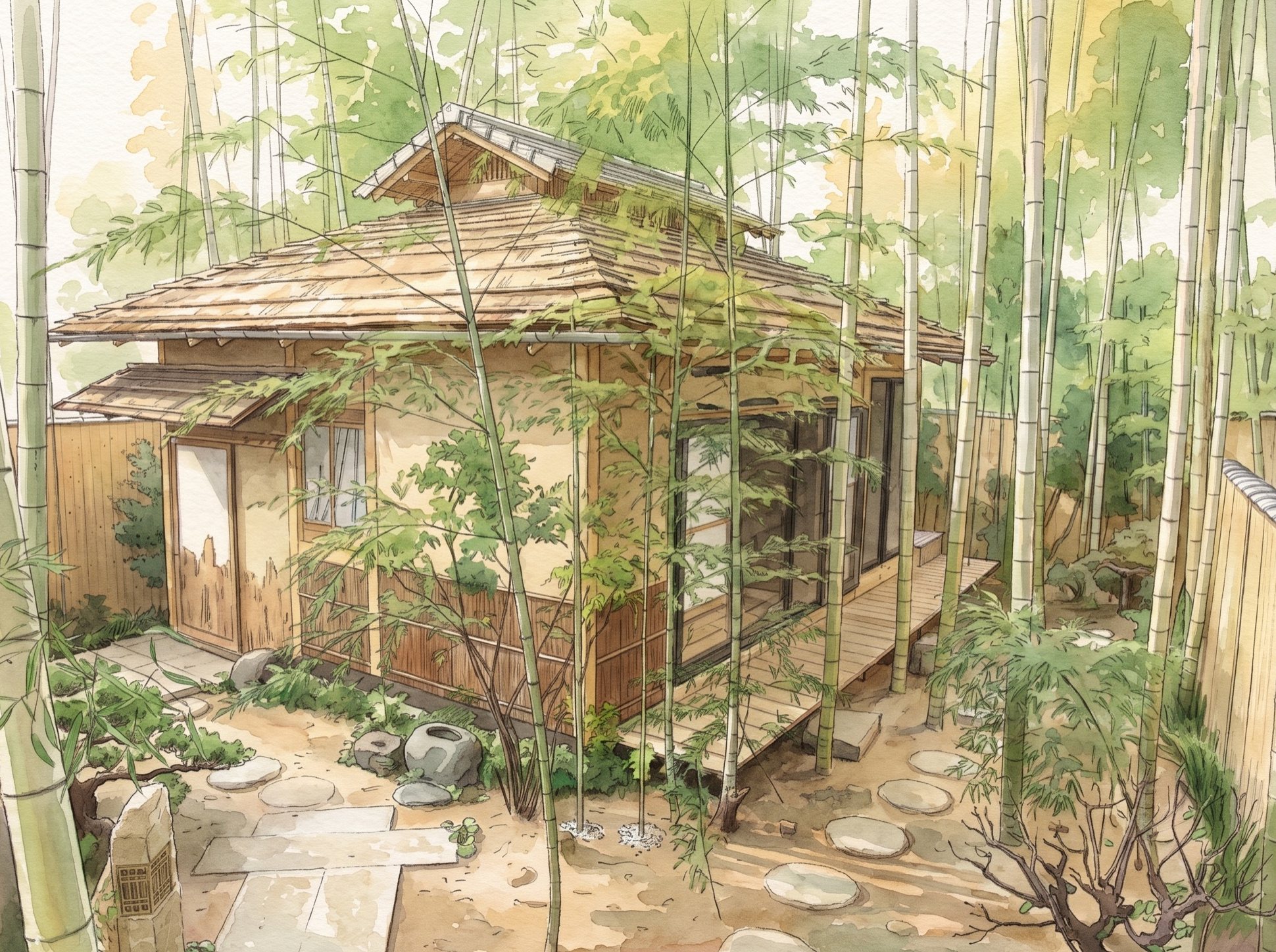 竹林の小径に面した一棟独立の貸別荘の水彩画